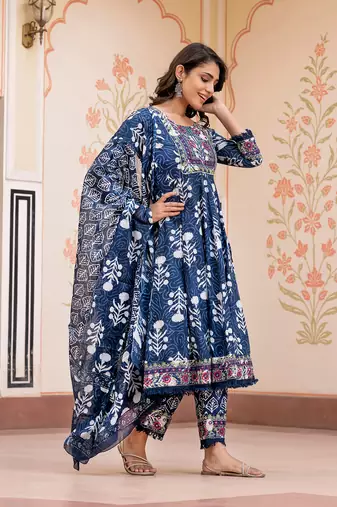 women blue mirror work chikankari anarkali kurta bottom and dupatta set