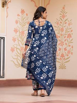 women blue mirror work chikankari anarkali kurta bottom and dupatta set 3
