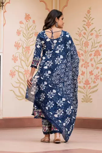 women blue mirror work chikankari anarkali kurta bottom and dupatta set