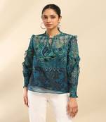 Denim blue cashmere peasant top with camisole