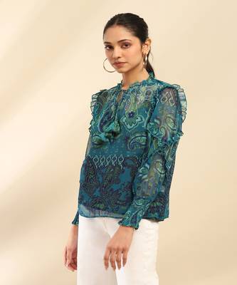 Denim blue cashmere peasant top with camisole 2