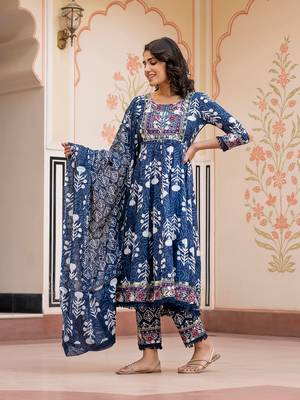 women blue mirror work chikankari anarkali kurta bottom and dupatta set 4