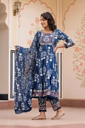 women blue mirror work chikankari anarkali kurta bottom and dupatta set