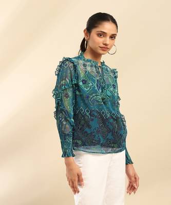Denim blue cashmere peasant top with camisole 3