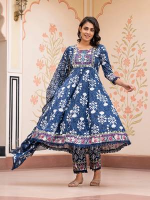 women blue mirror work chikankari anarkali kurta bottom and dupatta set 5
