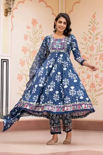 women blue mirror work chikankari anarkali kurta bottom and dupatta set