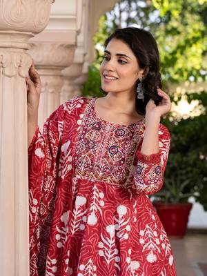 women maroon mirror work chikankari anarkali kurta bottom and dupatta set 1