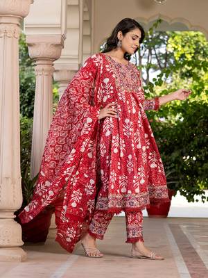 women maroon mirror work chikankari anarkali kurta bottom and dupatta set 2