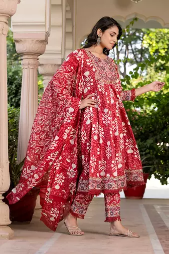 women maroon mirror work chikankari anarkali kurta bottom and dupatta set