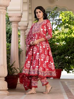 women maroon mirror work chikankari anarkali kurta bottom and dupatta set 4