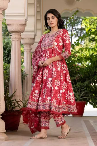 women maroon mirror work chikankari anarkali kurta bottom and dupatta set