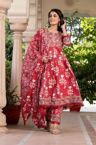 women maroon mirror work chikankari anarkali kurta bottom and dupatta set