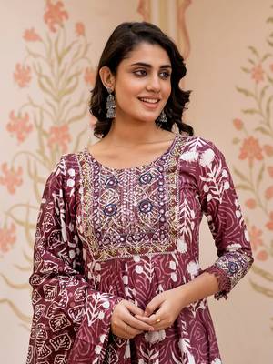 women brown mirror work chikankari anarkali kurta bottom and dupatta set 1