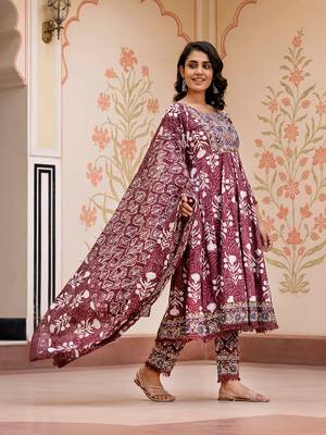 women brown mirror work chikankari anarkali kurta bottom and dupatta set 2