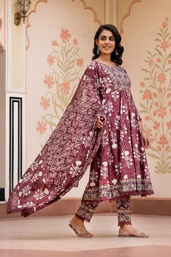 women brown mirror work chikankari anarkali kurta bottom and dupatta set