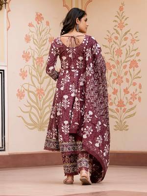 women brown mirror work chikankari anarkali kurta bottom and dupatta set 3
