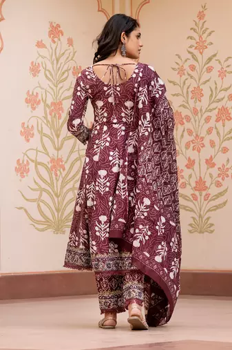 women brown mirror work chikankari anarkali kurta bottom and dupatta set