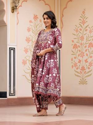 women brown mirror work chikankari anarkali kurta bottom and dupatta set 4