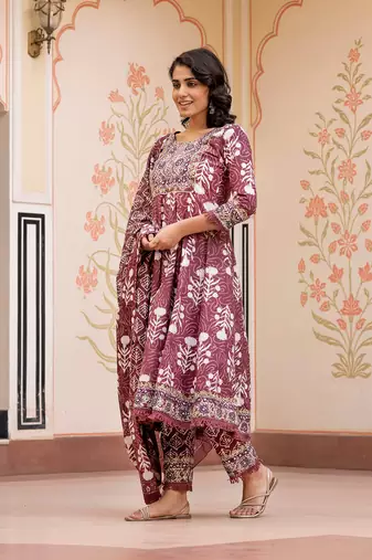 women brown mirror work chikankari anarkali kurta bottom and dupatta set