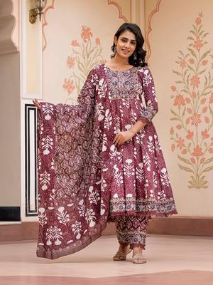 women brown mirror work chikankari anarkali kurta bottom and dupatta set 5