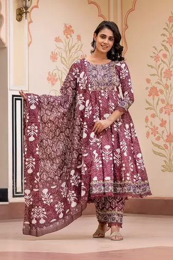 women brown mirror work chikankari anarkali kurta bottom and dupatta set