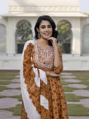 women mustard yellow chikankari anarkali kurta bottom and dupatta set 1