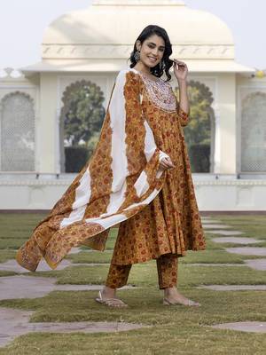 women mustard yellow chikankari anarkali kurta bottom and dupatta set 2