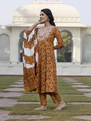 women mustard yellow chikankari anarkali kurta bottom and dupatta set 4