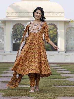 women mustard yellow chikankari anarkali kurta bottom and dupatta set 5