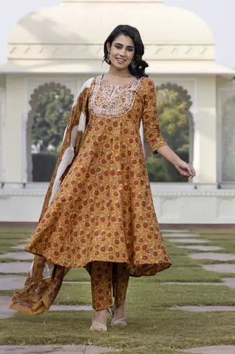 women mustard yellow chikankari anarkali kurta bottom and dupatta set