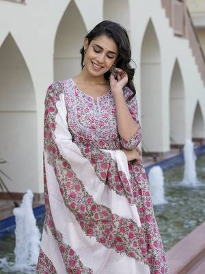 women grey chikankari anarkali kurta bottom and dupatta set 1