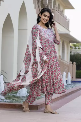 women grey chikankari anarkali kurta bottom and dupatta set