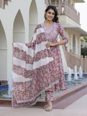 women grey chikankari anarkali kurta bottom and dupatta set 5