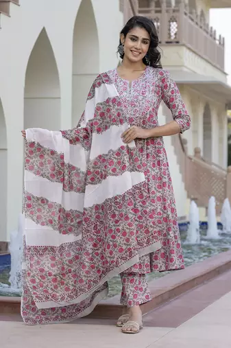 women grey chikankari anarkali kurta bottom and dupatta set