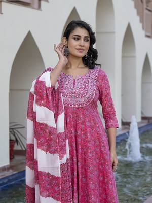 women pink chikankari anarkali kurta bottom and dupatta set 1