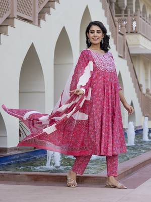 women pink chikankari anarkali kurta bottom and dupatta set 2