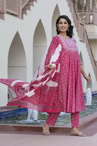 women pink chikankari anarkali kurta bottom and dupatta set