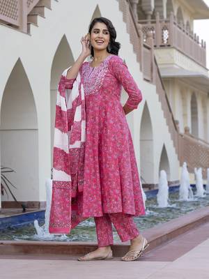 women pink chikankari anarkali kurta bottom and dupatta set 4