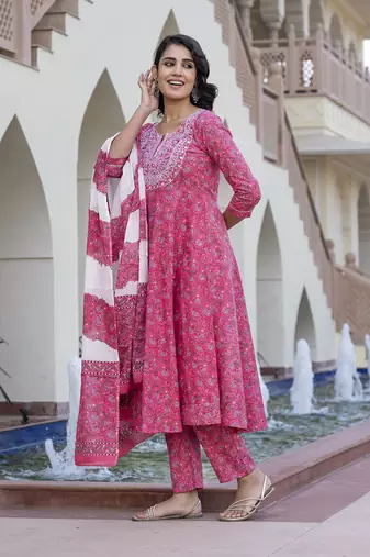 women pink chikankari anarkali kurta bottom and dupatta set