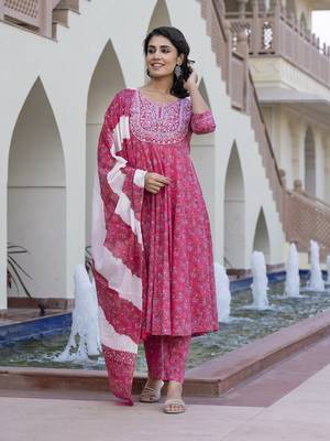 women pink chikankari anarkali kurta bottom and dupatta set 5