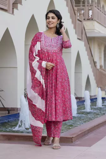 women pink chikankari anarkali kurta bottom and dupatta set