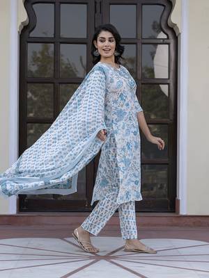women sky blue and white zari work straight kurta bottom and dupatta set 1
