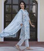women sky blue and white zari work straight kurta bottom and dupatta set