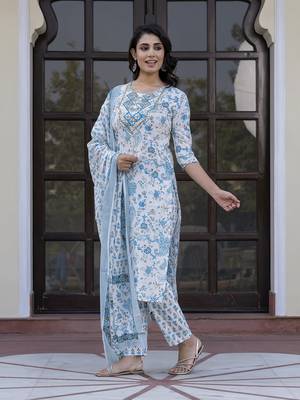 women sky blue and white zari work straight kurta bottom and dupatta set 2