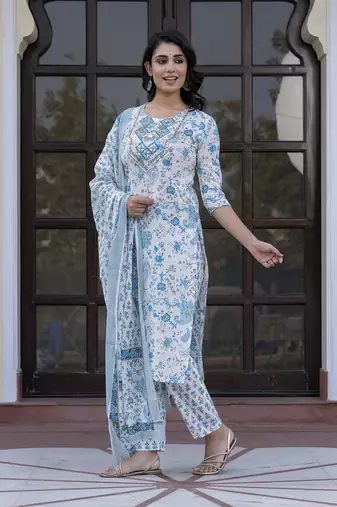 women sky blue and white zari work straight kurta bottom and dupatta set