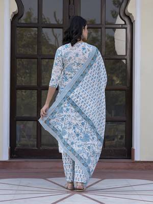 women sky blue and white zari work straight kurta bottom and dupatta set 3