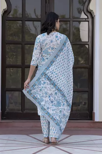 women sky blue and white zari work straight kurta bottom and dupatta set