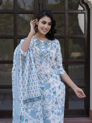 women sky blue and white zari work straight kurta bottom and dupatta set 4