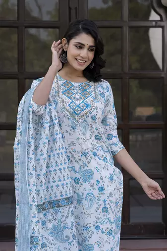 women sky blue and white zari work straight kurta bottom and dupatta set
