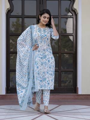 women sky blue and white zari work straight kurta bottom and dupatta set 5
